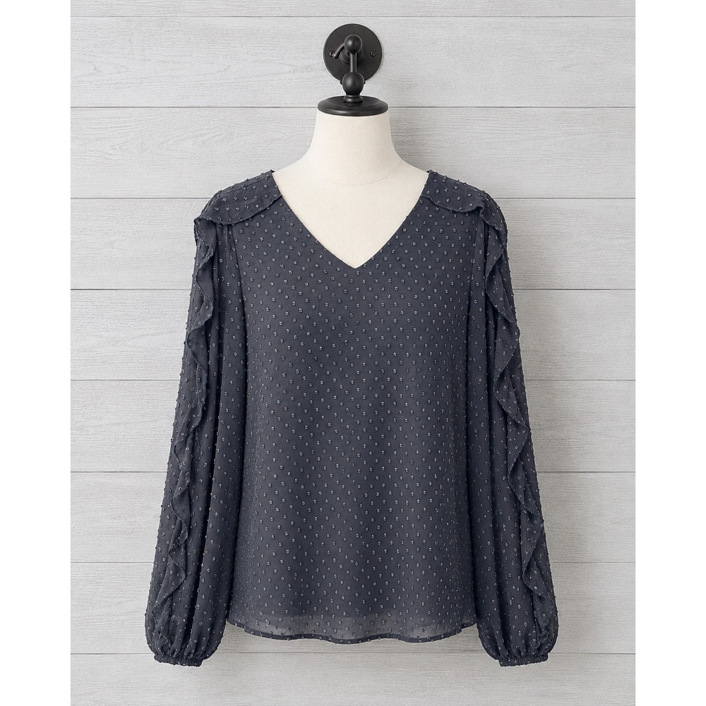 Belle by Kim Gravel Clip Dot Mini Ruffle Blouse Black Size Large